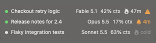 Three open sessions: one with 47 minutes of cache left and a warning, one being watched with 4 minutes left, and one whose cache has gone cold