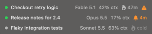 Three open sessions: one with 47 minutes of cache left and a warning, one being watched with 4 minutes left, and one whose cache has gone cold