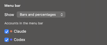 The Menu bar section of Settings: a Show picker reading 'Bars and percentages', then a ticked checkbox for the Claude account and one for Codex, each with its tool's colour