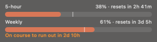 The Claude account's bars: 5-hour at 38% with the pace line ahead of it, Weekly at 61% with the line behind it and the note 'On course to run out in 2d 10h'