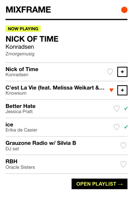 The mixframe popup: now playing, recent tracks, heart and save buttons