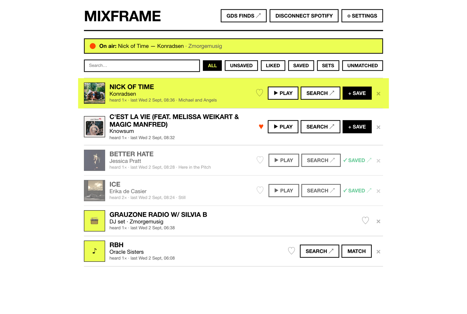 The mixframe playlist page: an on-air banner, captured tracks with play counts, and save buttons
