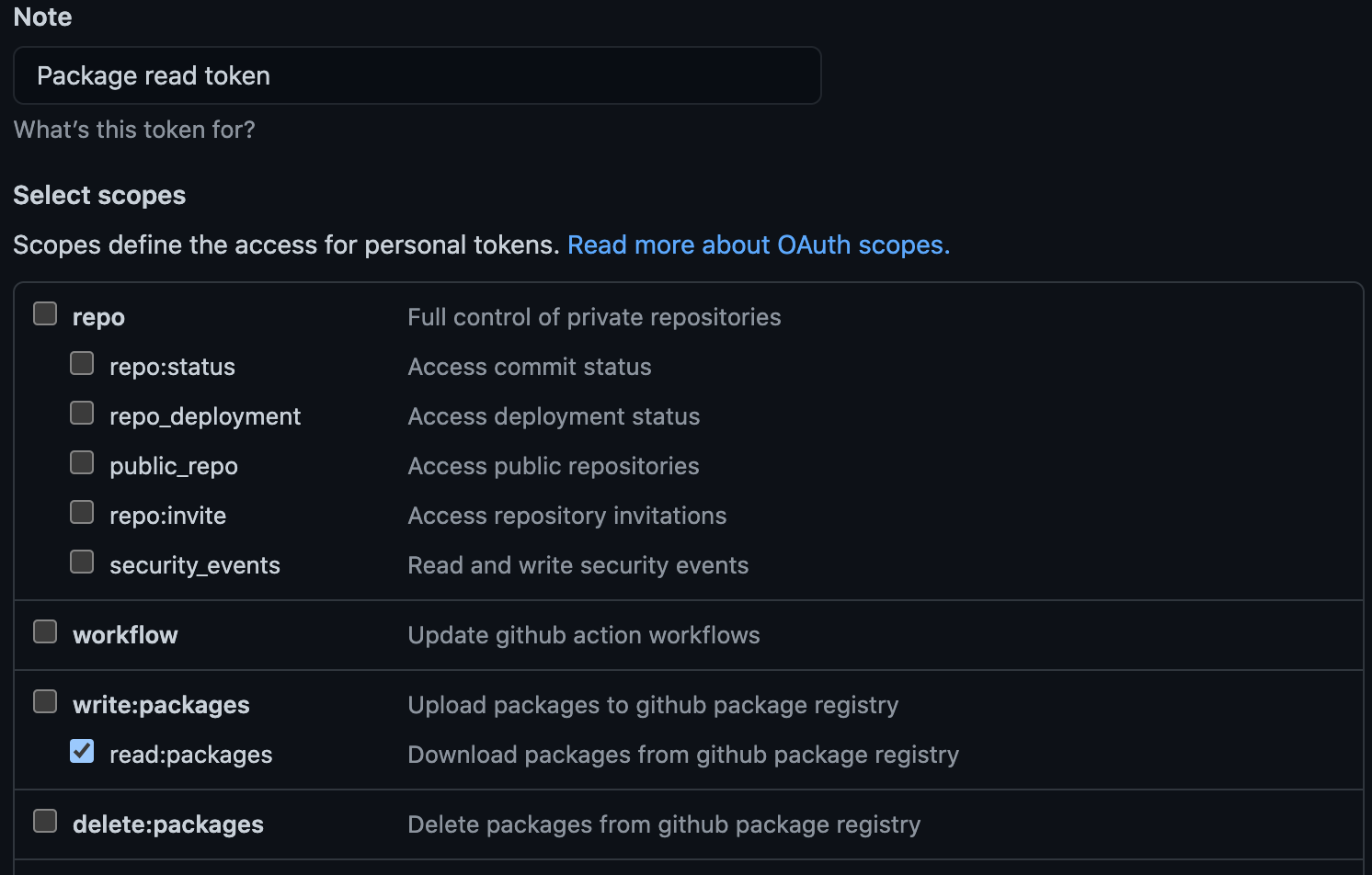 Github personal access token settings The Github personal access token scopes page showing scopes set for read packages ability