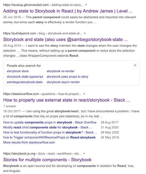 Google search results for Storybook story parent state A list of Google search results for the term parent state storybook component react