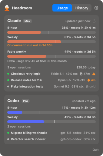 The dropdown: a Claude card in terracotta and a Codex card in blue, each with 5-hour and weekly bars, a pace line on each and reset countdowns; the Claude card adds a model's own weekly limit, extra usage, today's cost and the open sessions with their prompt cache countdowns