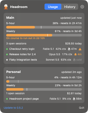 The dropdown: one card per account with 5-hour and weekly bars, a pace line on each, reset countdowns, today's cost and the open sessions with their prompt cache countdowns