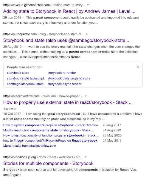 A list of Google search results for the term parent state storybook component react